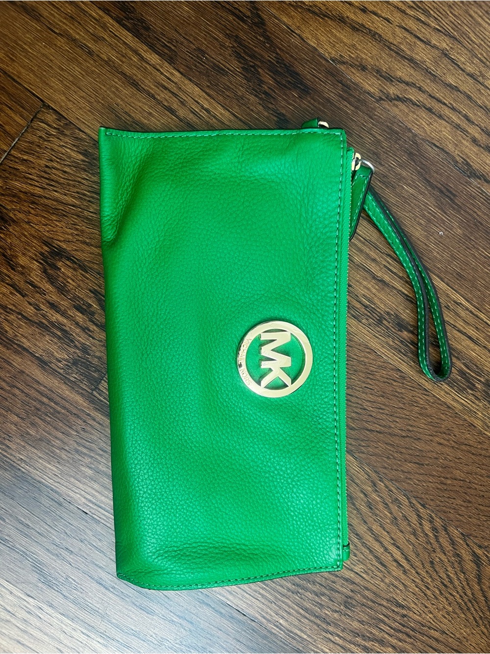 Michael Kors Bright Green Pebbled Leather Wristlet with Gold Logo
